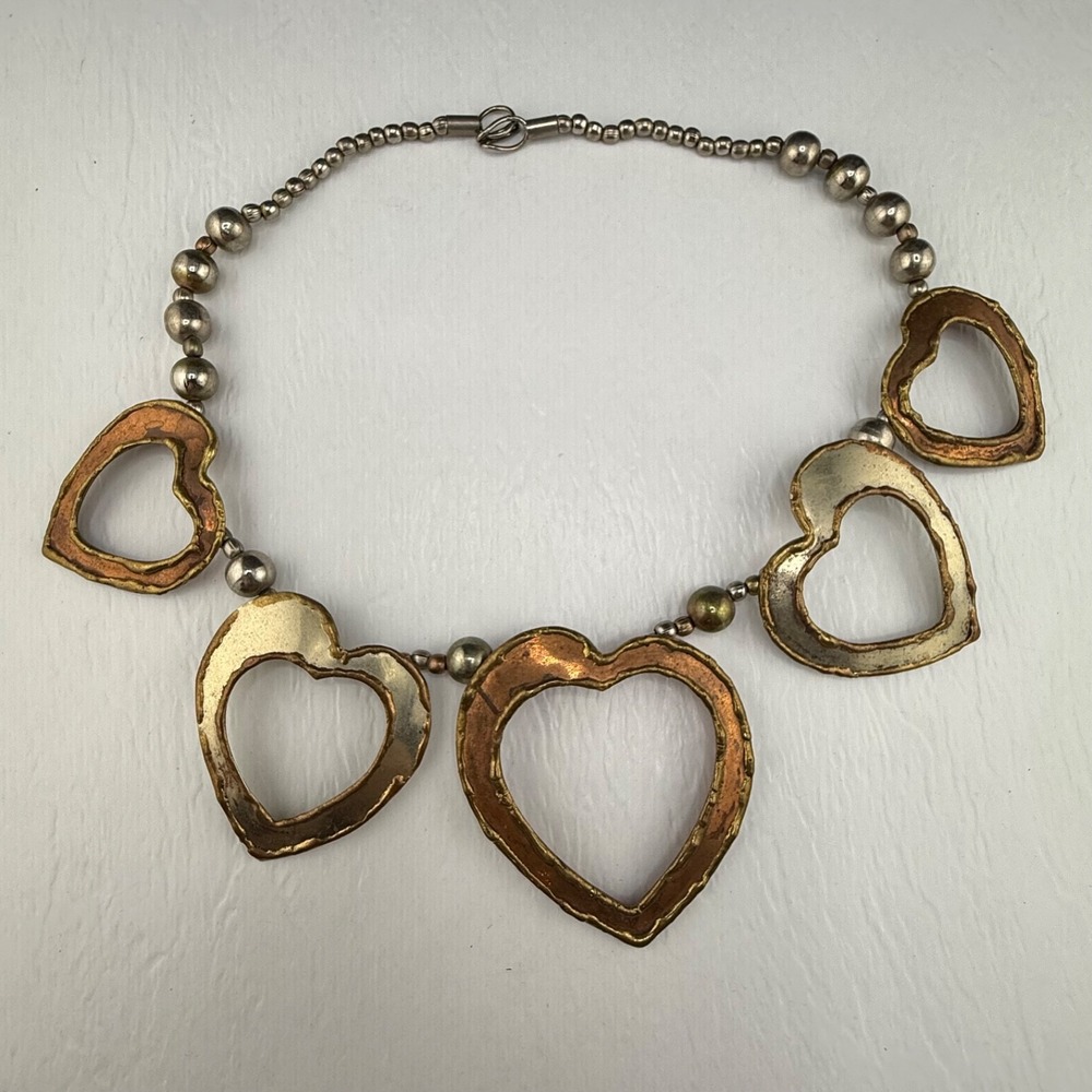 Vintage Estate Heart Necklace Mixed Metals Statement Charm 17"
